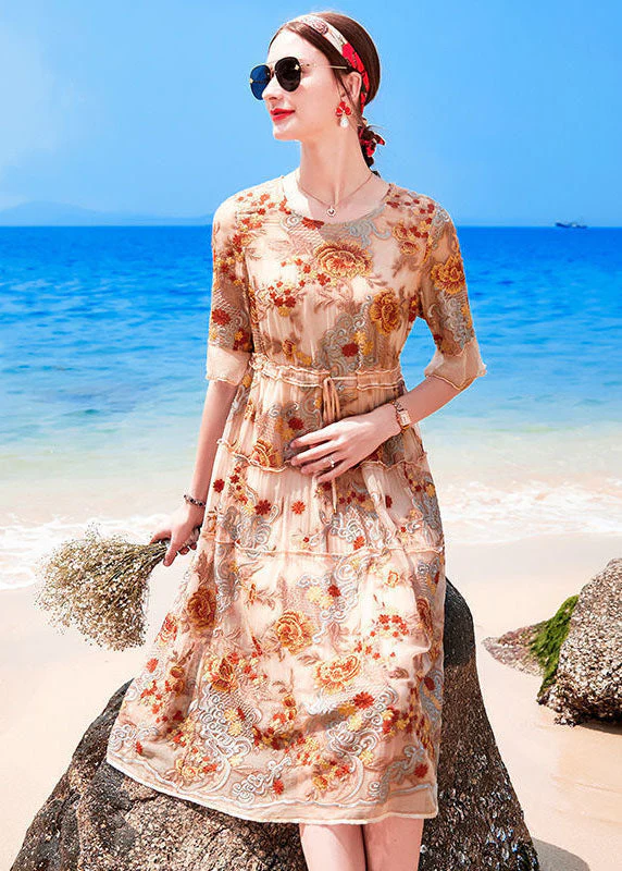 Handmade Apricot O-Neck Embroideried Ruffled Silk Cinch Dresses Short Sleeve - republicanstateiHandmade Apricot O-Neck Embroideried Ruffled Silk Cinch Dresses Short Sleeve - republicanstatei