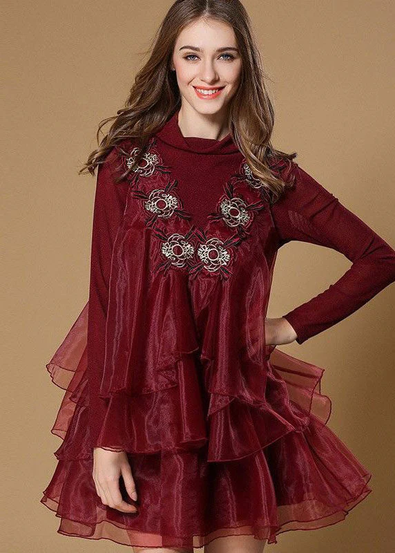 Boutique Black Turtle Neck Embroideried Ruffles Patchwork Organza Mini Dress Spring - republicanstateiBoutique Black Turtle Neck Embroideried Ruffles Patchwork Organza Mini Dress Spring - republicanstatei