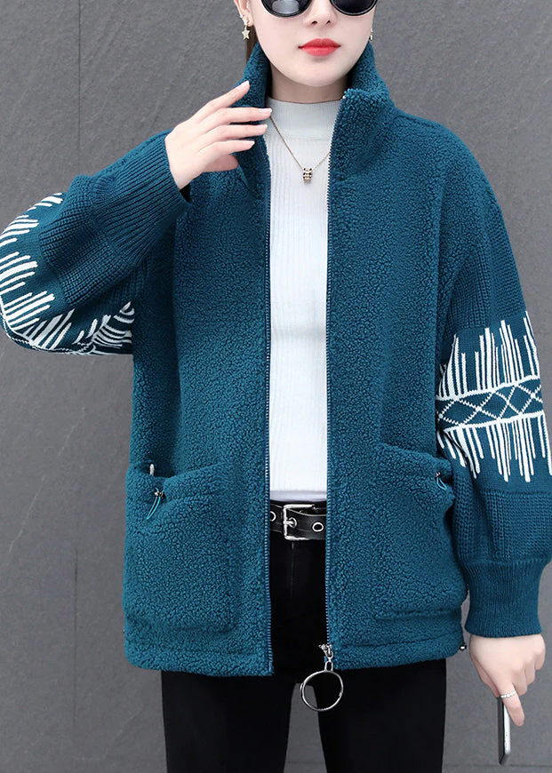 DIY Blue Stand Collar Zippered Striped Patchwork Teddy Faux Fur Coats Winter - republicanstateiDIY Blue Stand Collar Zippered Striped Patchwork Teddy Faux Fur Coats Winter - republicanstatei