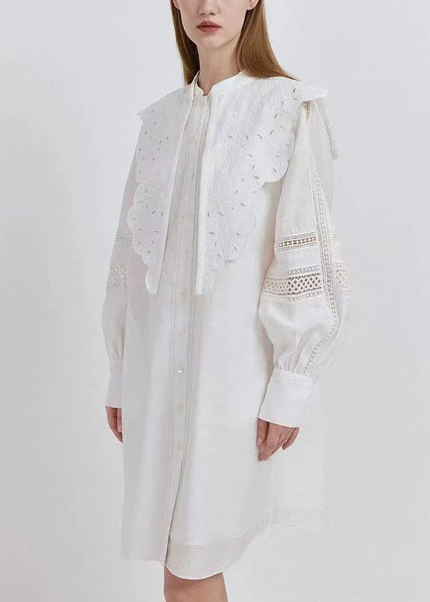 French Blue Hollow Out Lace Up Patchwork Cotton Blouses Mid Dress Fall - republicanstateiFrench Blue Hollow Out Lace Up Patchwork Cotton Blouses Mid Dress Fall - republicanstatei