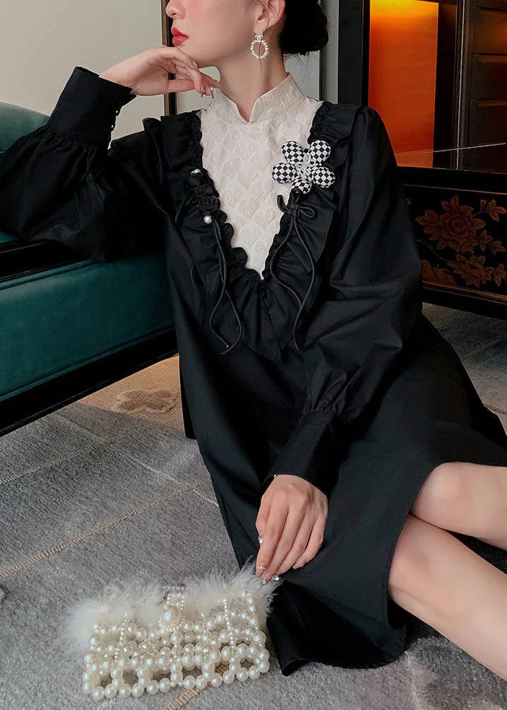 Classy Black Stand Collar Patchwork Bow Cotton Mid Dresses Long Sleeve - republicanstateiClassy Black Stand Collar Patchwork Bow Cotton Mid Dresses Long Sleeve - republicanstatei