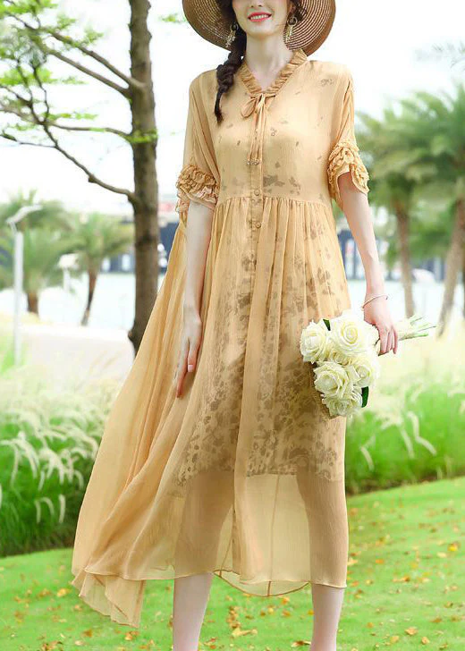 Modern Yellow Ruffled Patchwork Wrinkled Silk Vacation Dresses Summer - republicanstateiModern Yellow Ruffled Patchwork Wrinkled Silk Vacation Dresses Summer - republicanstatei