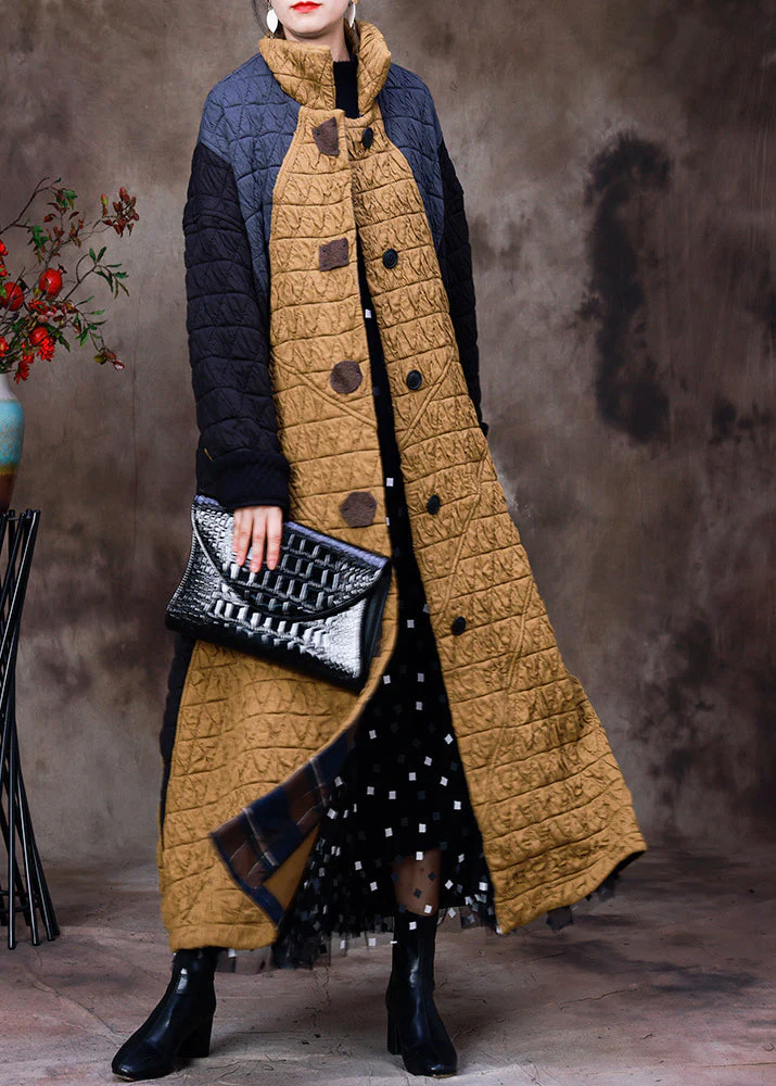 Women Yellow Stand Collar Patchwork Button Removable Cotton Maxi Coats Long Sleeve - republicanstateiWomen Yellow Stand Collar Patchwork Button Removable Cotton Maxi Coats Long Sleeve - republicanstatei