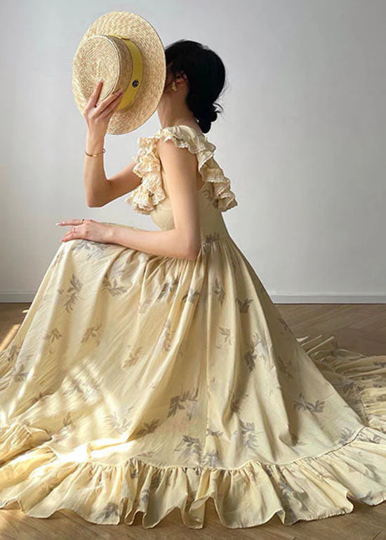Women Beige Ruffled Backless Print Exra Large Hem Silk Long Dresses Summer - republicanstateiWomen Beige Ruffled Backless Print Exra Large Hem Silk Long Dresses Summer - republicanstatei
