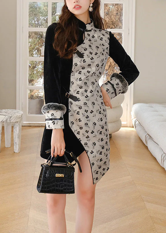 Slim Fit Black Stand Collar Asymmetrical Patchwork Sashes Thick Mid Dress Winter - republicanstateiSlim Fit Black Stand Collar Asymmetrical Patchwork Sashes Thick Mid Dress Winter - republicanstatei