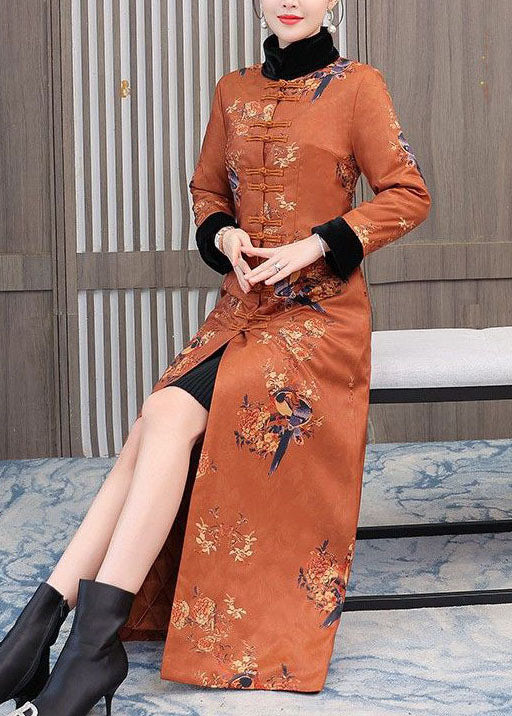 Chinese Style Orange Stand Collar Print Fine Cotton Filled Coats Winter - republicanstateiChinese Style Orange Stand Collar Print Fine Cotton Filled Coats Winter - republicanstatei