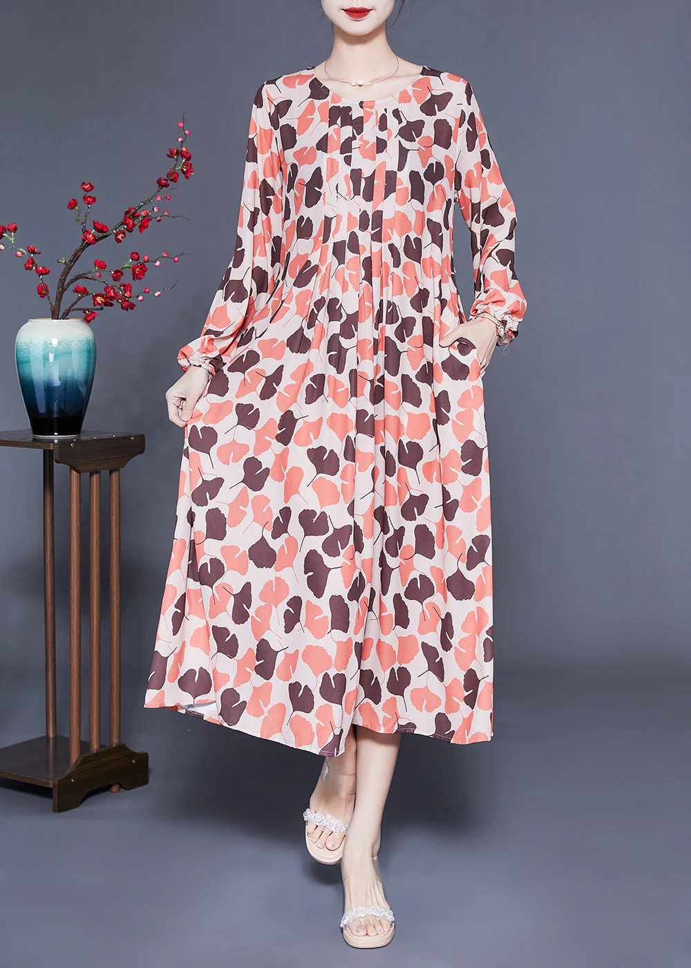 Elegant Orange Oversized Print Exra Large Hem Silk Pleated Dress Spring - republicanstateiElegant Orange Oversized Print Exra Large Hem Silk Pleated Dress Spring - republicanstatei