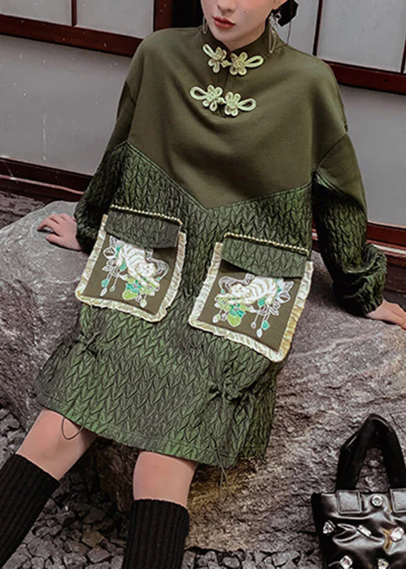Novelty Green Stand Collar Embroideried Drawstring Patchwork Button Mid Dress Spring - republicanstateiNovelty Green Stand Collar Embroideried Drawstring Patchwork Button Mid Dress Spring - republicanstatei