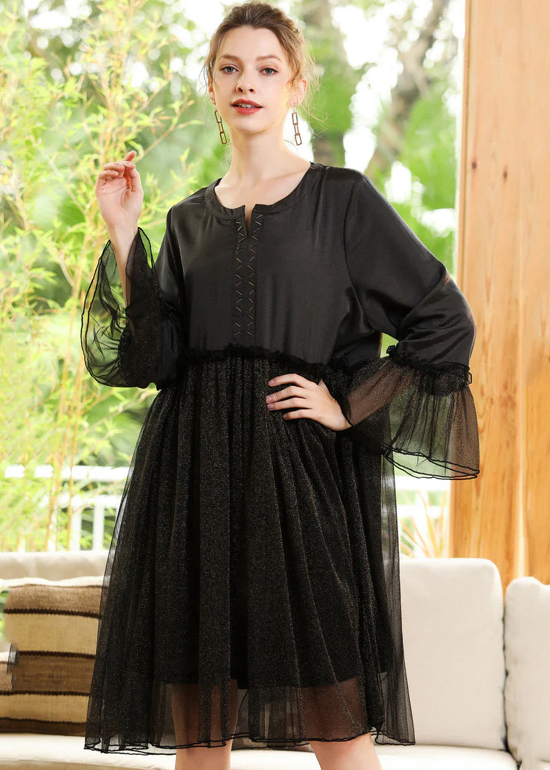 Fine Black Ruffled Patchwork Golden Sequins Chiffon Dress Flare Sleeve - republicanstateiFine Black Ruffled Patchwork Golden Sequins Chiffon Dress Flare Sleeve - republicanstatei