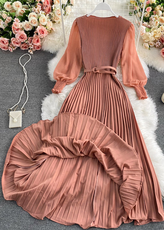 Plus Size Chocolate O-Neck Chiffon Sashes Long Pleated Dress Long Sleeve - republicanstateiPlus Size Chocolate O-Neck Chiffon Sashes Long Pleated Dress Long Sleeve - republicanstatei