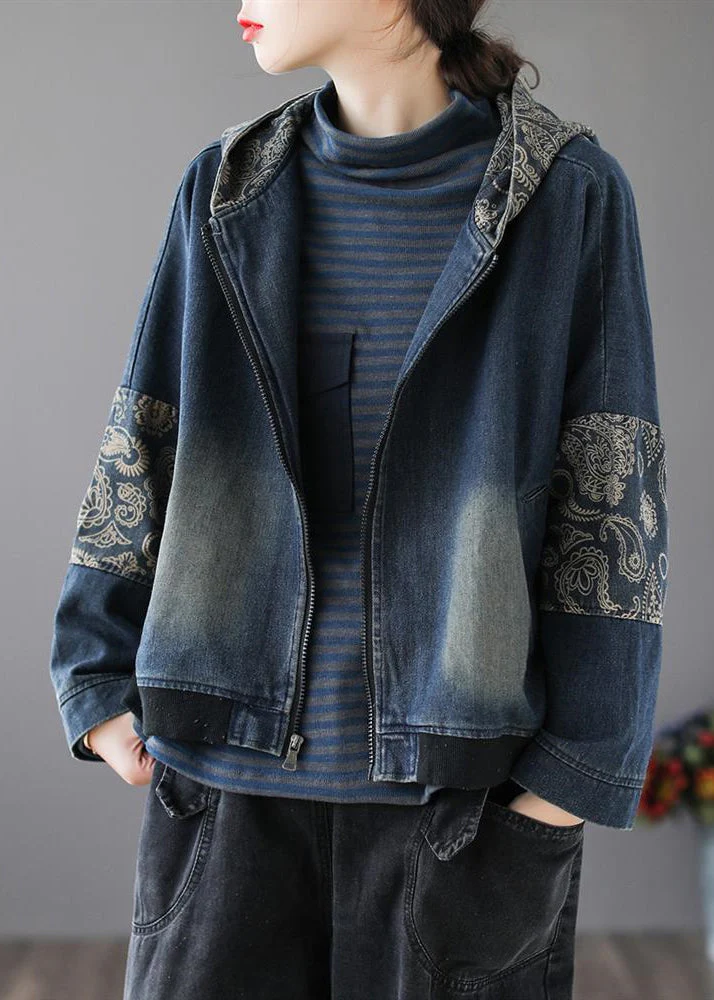 Vintage Blue V Neck Print Patchwork Zippered Cotton Denim Coat Long Sleeve - republicanstateiVintage Blue V Neck Print Patchwork Zippered Cotton Denim Coat Long Sleeve - republicanstatei