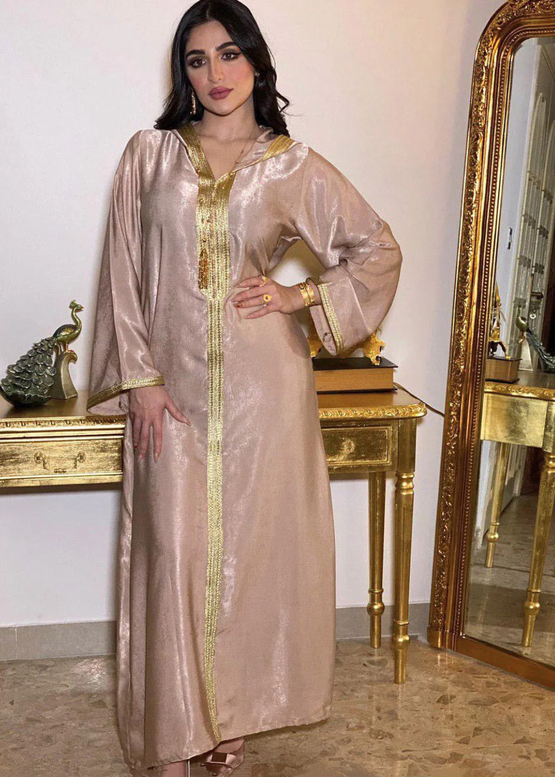 Cute Champagne Patchwork Velour Holiday Hooded Maxi Dress Long Sleeve - republicanstateiCute Champagne Patchwork Velour Holiday Hooded Maxi Dress Long Sleeve - republicanstatei