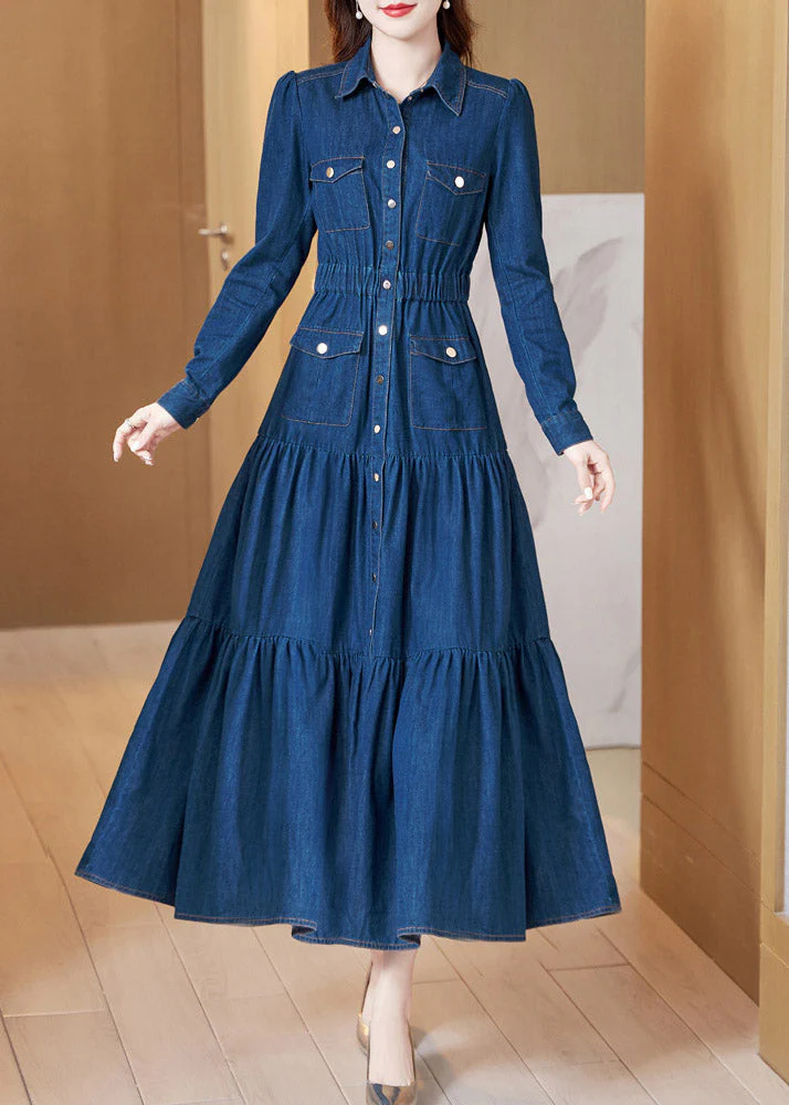 Beautiful Denim Blue Peter Pan Collar Patchwork Wrinkled Tunic Button Cotton Maxi Dresses Long Sleeve - republicanstateiBeautiful Denim Blue Peter Pan Collar Patchwork Wrinkled Tunic Button Cotton Maxi Dresses Long Sleeve - republicanstatei
