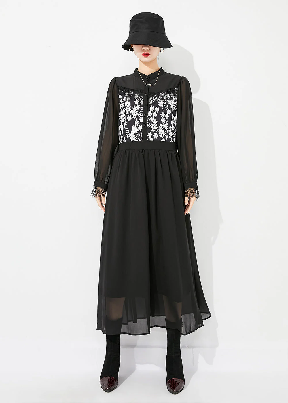 Italian Black Stand Collar Patchwork Exra Large Hem Chiffon Vacation Dresses Spring - republicanstateiItalian Black Stand Collar Patchwork Exra Large Hem Chiffon Vacation Dresses Spring - republicanstatei