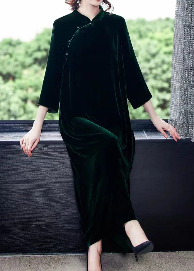 Chinese Style Blackish Green Stand Collar Patchwork Silk Velour Dress Fall - republicanstateiChinese Style Blackish Green Stand Collar Patchwork Silk Velour Dress Fall - republicanstatei