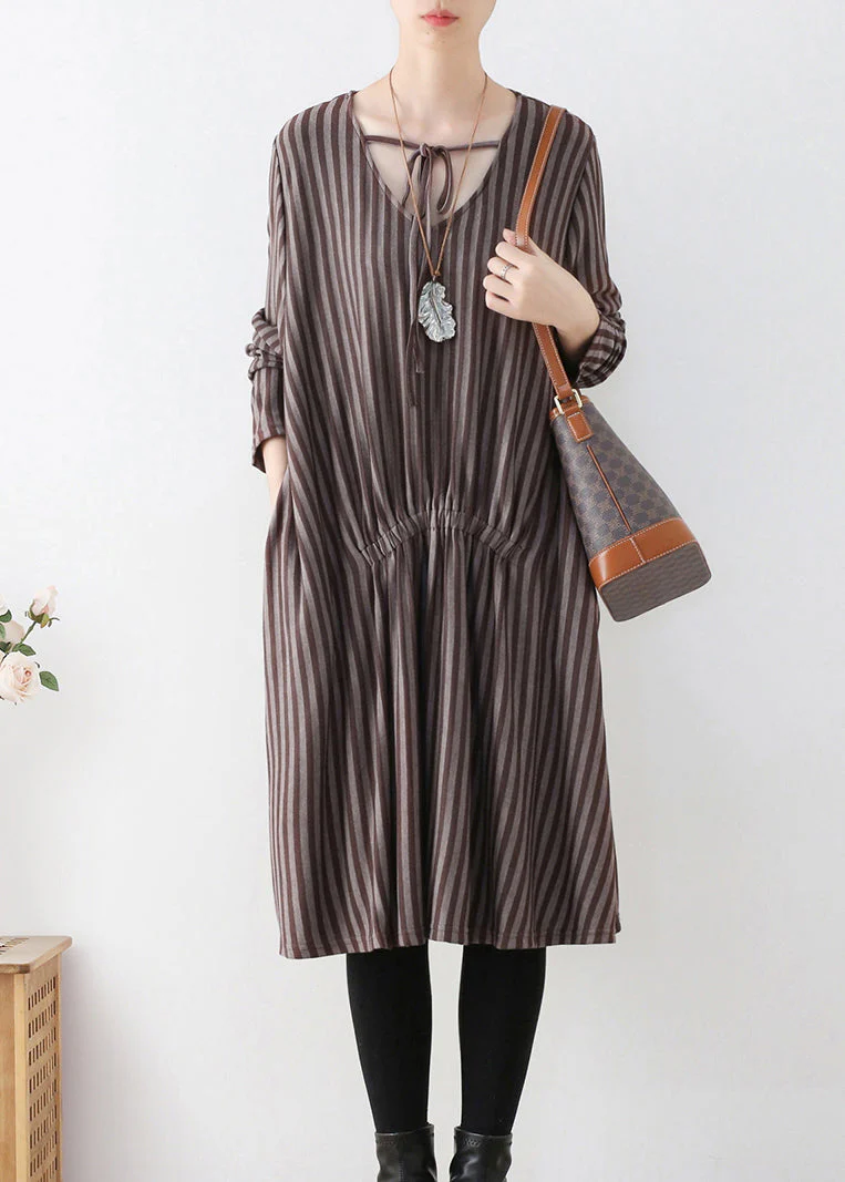Organic Chocolate V Neck Striped Knitted Cotton Thread Maxi Dress Fall - republicanstateiOrganic Chocolate V Neck Striped Knitted Cotton Thread Maxi Dress Fall - republicanstatei
