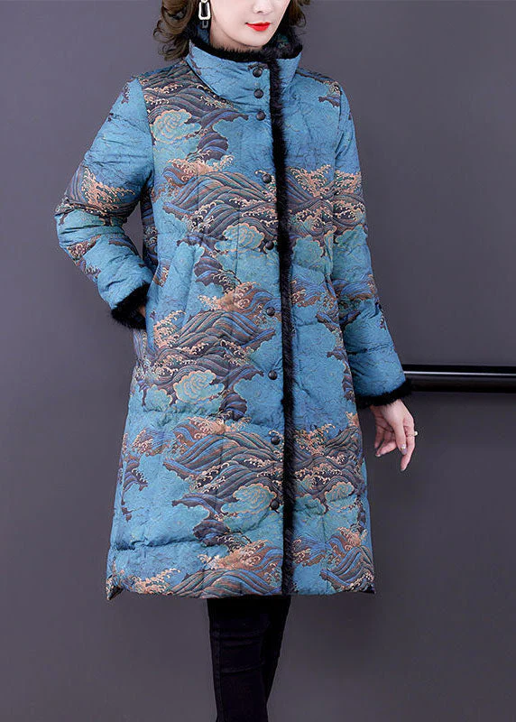 Fashion Blue Faux Fur Collar Print Fine Cotton Filled Puffer Coats Winter - republicanstateiFashion Blue Faux Fur Collar Print Fine Cotton Filled Puffer Coats Winter - republicanstatei