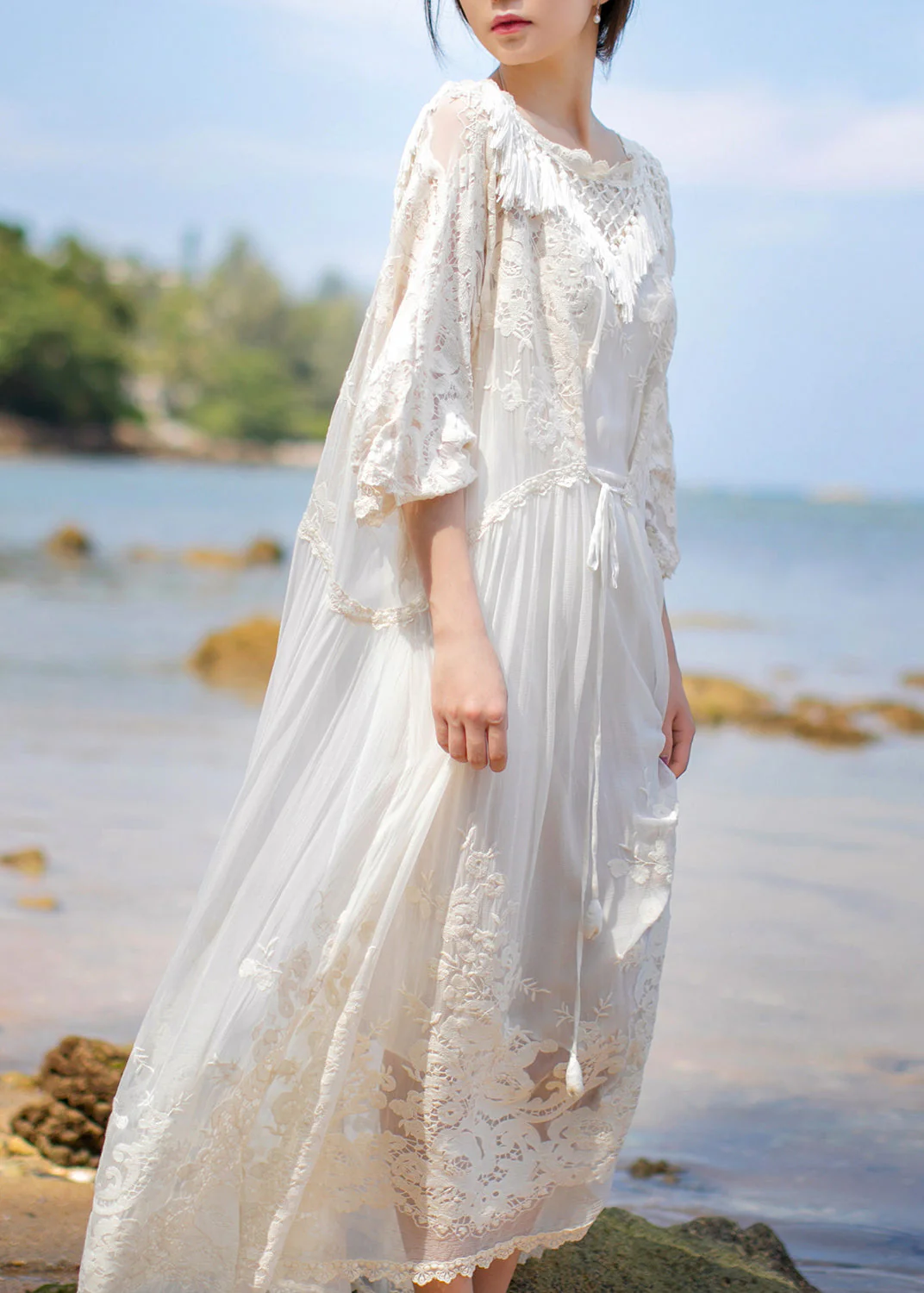 Organic Beige O-Neck Embroideried Floral Lace Tassel Silk Long Dress Long Sleeve - republicanstateiOrganic Beige O-Neck Embroideried Floral Lace Tassel Silk Long Dress Long Sleeve - republicanstatei