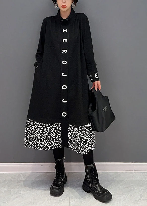 Women Black Stand Collar Patchwork Print Cotton Vacation Dresses Spring - republicanstateiWomen Black Stand Collar Patchwork Print Cotton Vacation Dresses Spring - republicanstatei