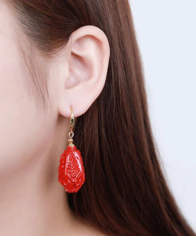 Classy Red Sterling Silver Overgild Cinnabar Chinese Cabbage Drop Earrings - republicanstateiClassy Red Sterling Silver Overgild Cinnabar Chinese Cabbage Drop Earrings - republicanstatei