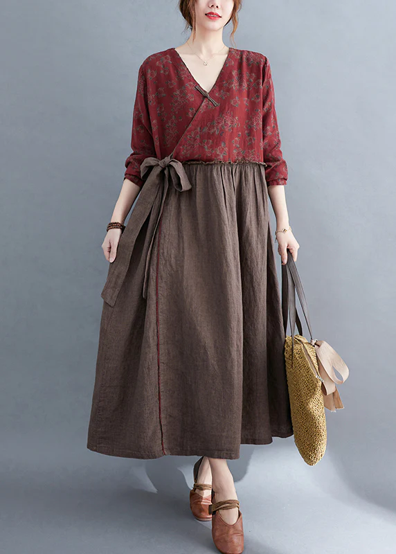 Vintage V Neck tie waist Ruffled Patchwork Print Linen Dress Long Sleeve - republicanstateiVintage V Neck tie waist Ruffled Patchwork Print Linen Dress Long Sleeve - republicanstatei