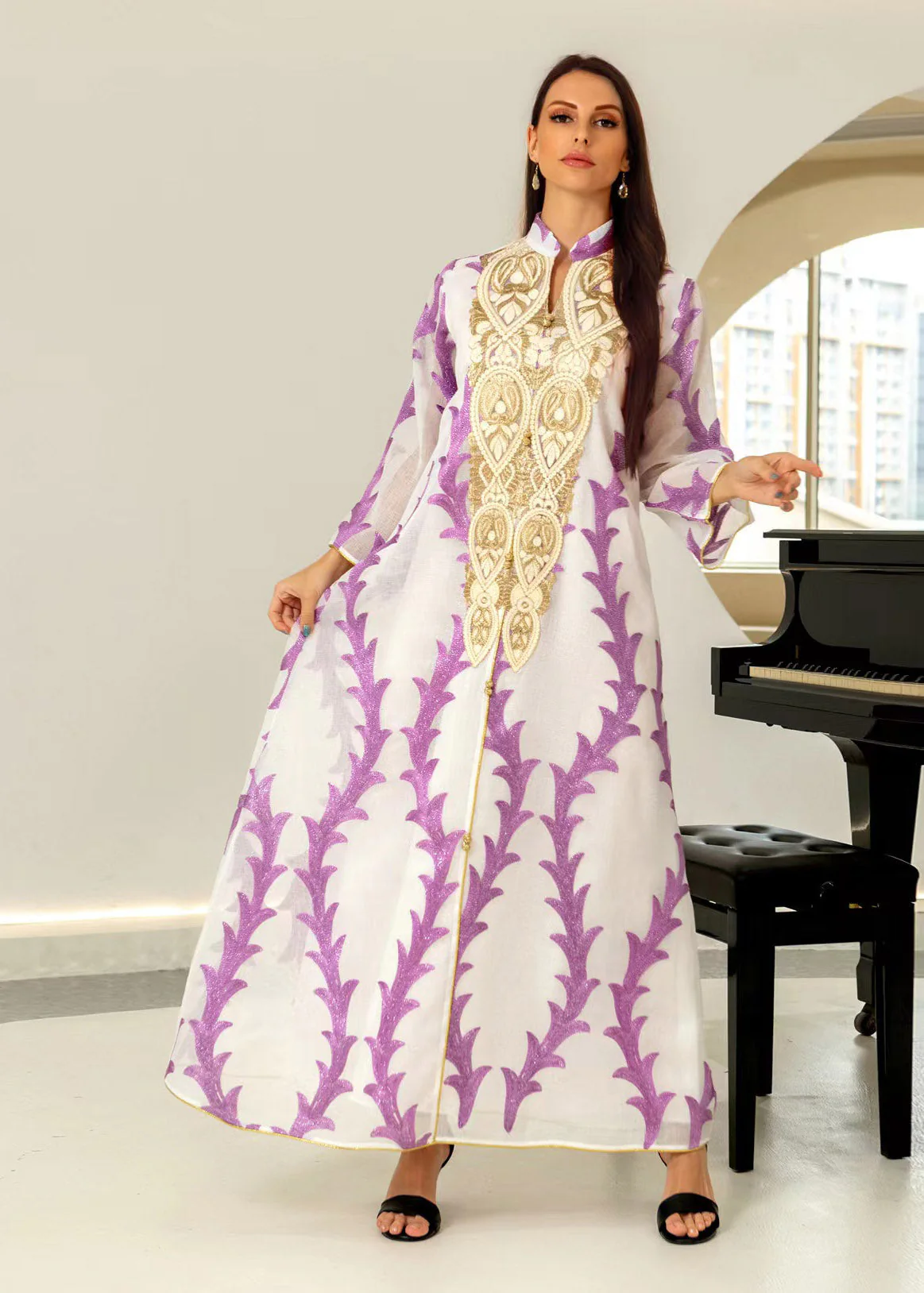 Plus Size Purple Stand Collar Striped Patchwork Tulle Maxi Dresses Long Sleeve - republicanstateiPlus Size Purple Stand Collar Striped Patchwork Tulle Maxi Dresses Long Sleeve - republicanstatei