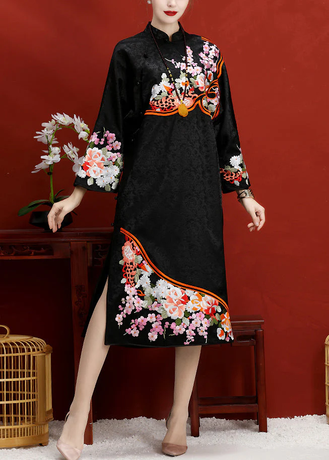 Jacquard Black Embroideried Button Side Open Silk Maxi Dress Long Sleeve - republicanstateiJacquard Black Embroideried Button Side Open Silk Maxi Dress Long Sleeve - republicanstatei