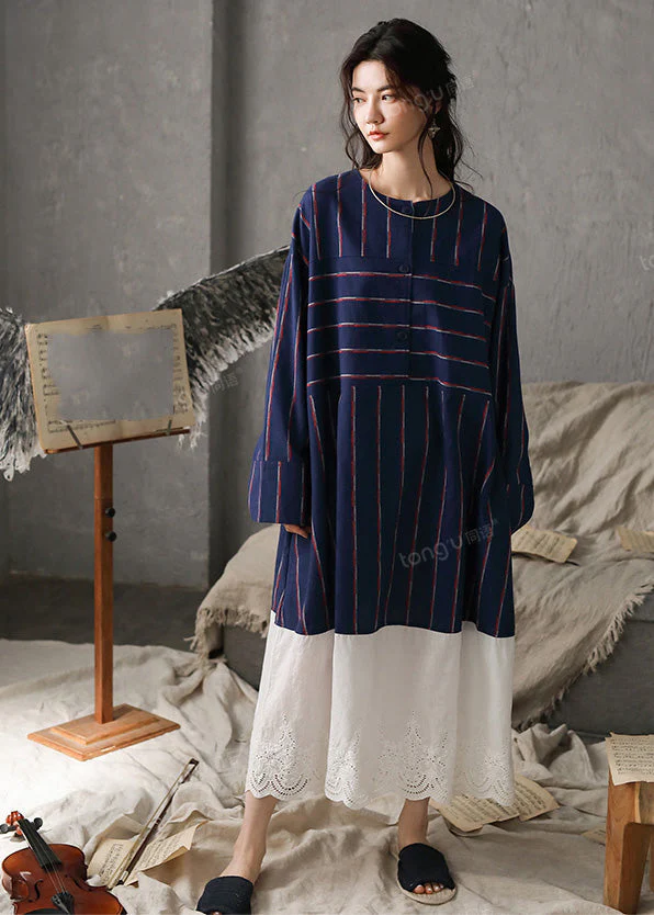 Vintage Navy Blue O-Neck Striped Patchwork Cozy Cotton Long Dress Long Sleeve - republicanstateiVintage Navy Blue O-Neck Striped Patchwork Cozy Cotton Long Dress Long Sleeve - republicanstatei
