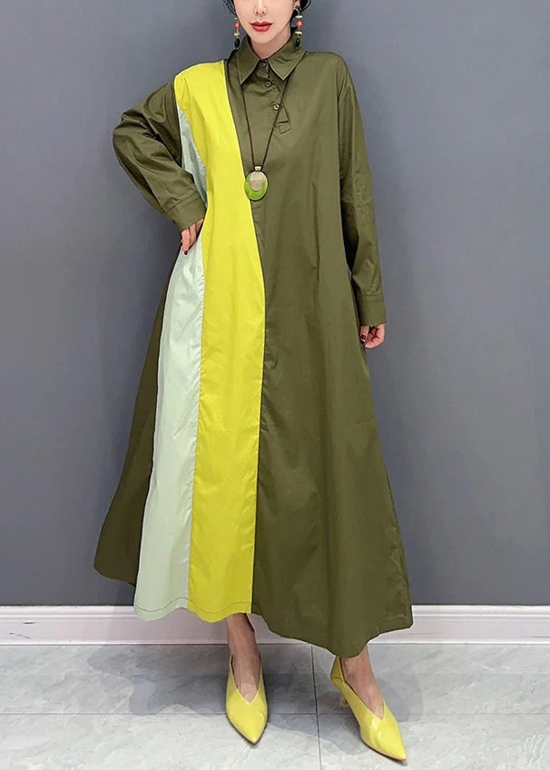 Plus Size Army Green Peter Pan Collar Patchwork Cotton Maxi Dresses Spring - republicanstateiPlus Size Army Green Peter Pan Collar Patchwork Cotton Maxi Dresses Spring - republicanstatei