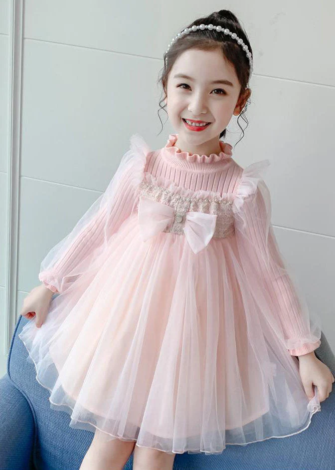 Boho Pink Stand Collar Bow Knit Patchwork Tulle Girls Vacation Maxi Dresses Fall - republicanstateiBoho Pink Stand Collar Bow Knit Patchwork Tulle Girls Vacation Maxi Dresses Fall - republicanstatei