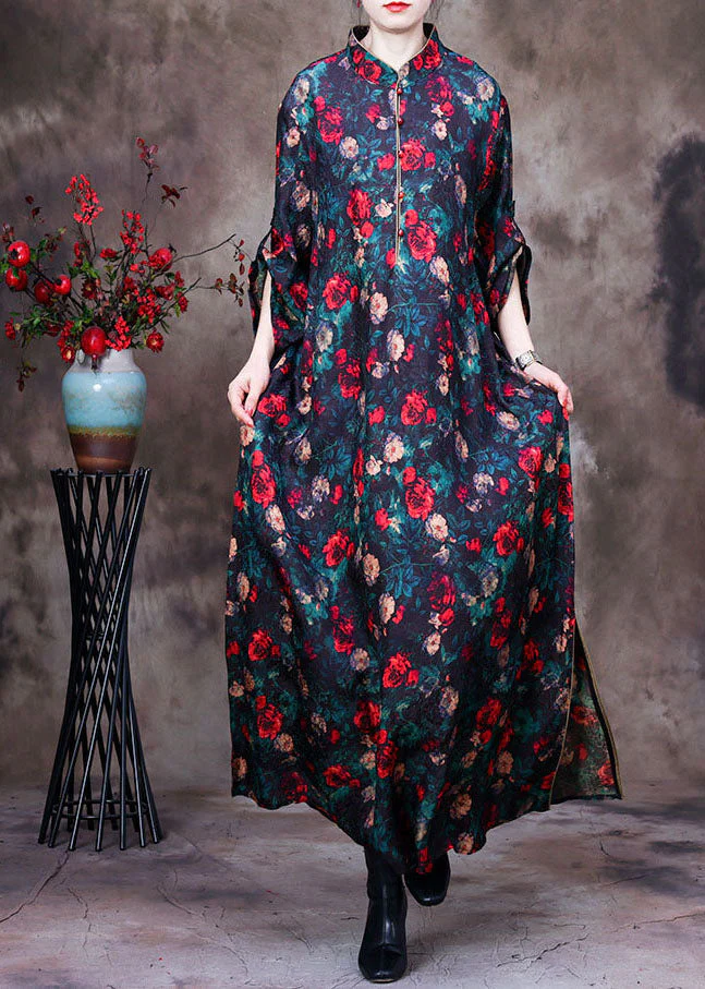 Vintage Black Stand Collar Floral Print Side Open Silk Long Dresses Long Sleeve - republicanstateiVintage Black Stand Collar Floral Print Side Open Silk Long Dresses Long Sleeve - republicanstatei