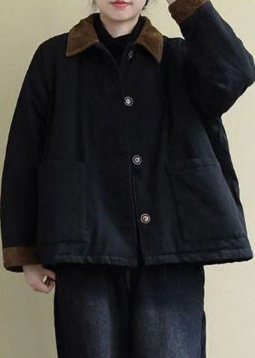 Vintage Black Peter Pan Collar Pockets Fine Cotton Filled Coats Winter - republicanstateiVintage Black Peter Pan Collar Pockets Fine Cotton Filled Coats Winter - republicanstatei
