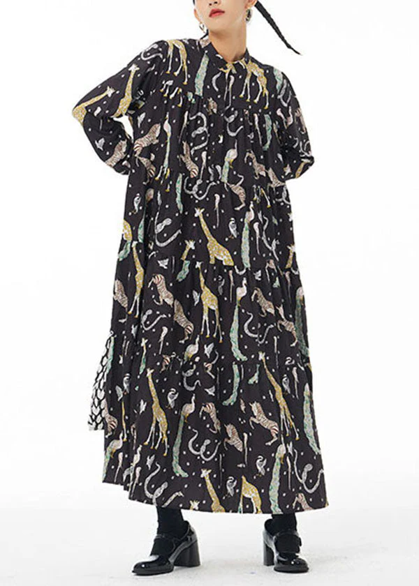 Women Black Stand Collar Animal Print Patchwork Cotton Shirts Dress Spring - republicanstateiWomen Black Stand Collar Animal Print Patchwork Cotton Shirts Dress Spring - republicanstatei