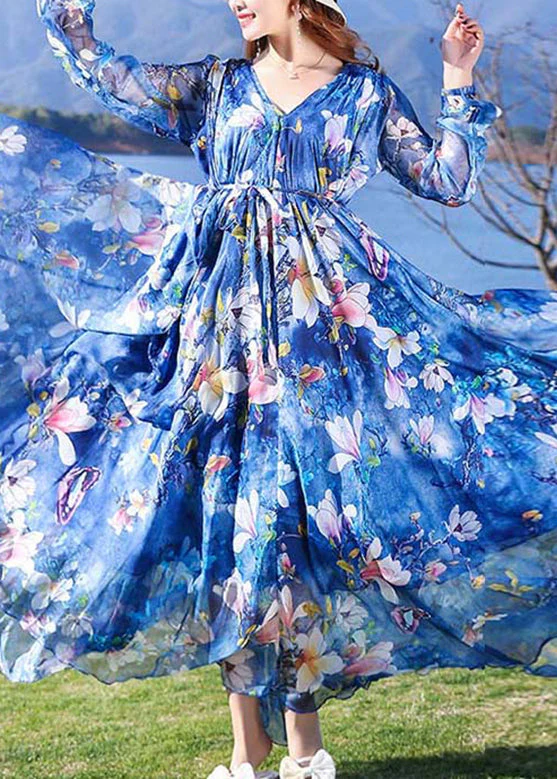 Modern Blue V Neck Print Tie Waist Chiffon Holiday Long Dress Long Sleeve - republicanstateiModern Blue V Neck Print Tie Waist Chiffon Holiday Long Dress Long Sleeve - republicanstatei
