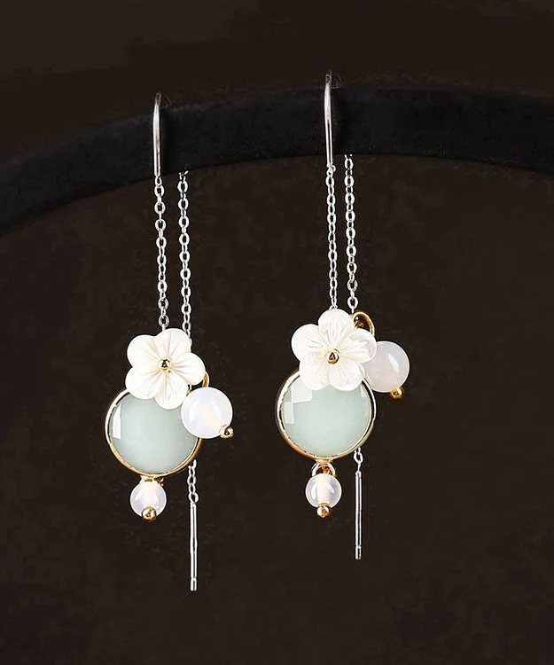 Unique Light Green Sterling Silver White Coloured Glaze Agate Shell Flower Drop Earrings - republicanstateiUnique Light Green Sterling Silver White Coloured Glaze Agate Shell Flower Drop Earrings - republicanstatei
