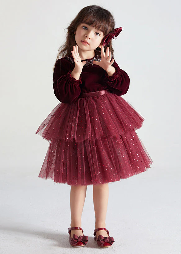 Cute Wine Red Ruffled Tulle Patchwork Warm Fleece Kids Girls Dress Fall - republicanstateiCute Wine Red Ruffled Tulle Patchwork Warm Fleece Kids Girls Dress Fall - republicanstatei