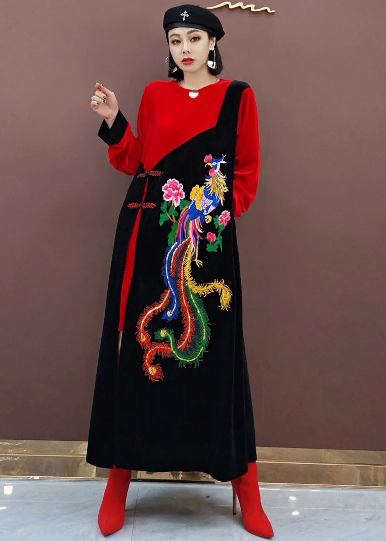 vintage Red Oriental Embroideried Patchwork Velour long Dresses Spring - republicanstateivintage Red Oriental Embroideried Patchwork Velour long Dresses Spring - republicanstatei