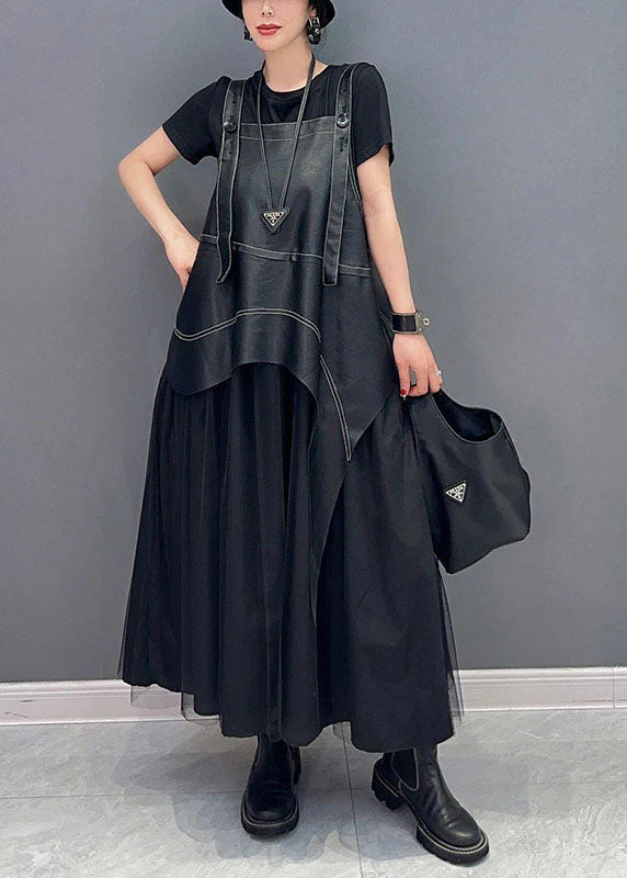 Vintage Black Oversized Patchwork Faux Leather Straps Pleated Dress Summer - republicanstateiVintage Black Oversized Patchwork Faux Leather Straps Pleated Dress Summer - republicanstatei