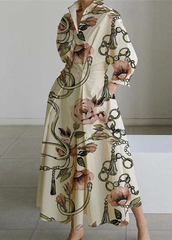 2024 Beige-pink flower Peter Pan Collar Pockets Cotton Dress Long Sleeve - republicanstatei2024 Beige-pink flower Peter Pan Collar Pockets Cotton Dress Long Sleeve - republicanstatei
