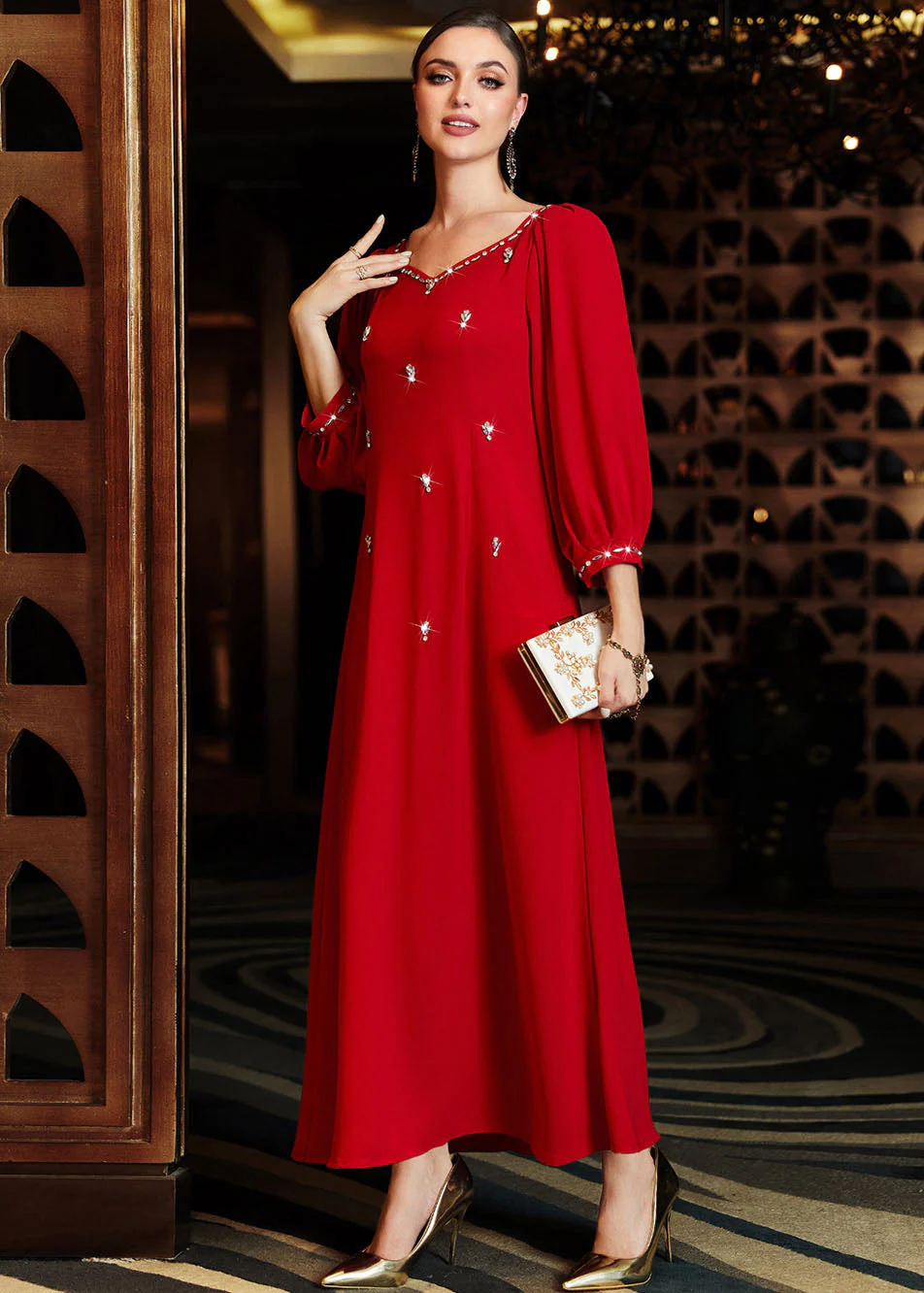Elegant Wine Red V Neck Patchwork Zircon Chiffon Maxi Dress Long Sleeve - republicanstateiElegant Wine Red V Neck Patchwork Zircon Chiffon Maxi Dress Long Sleeve - republicanstatei