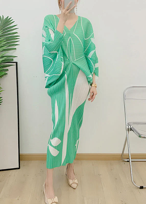 Elegant Light Green V Neck Print Wrinkled Vacation Dresses Long Sleeve - republicanstateiElegant Light Green V Neck Print Wrinkled Vacation Dresses Long Sleeve - republicanstatei