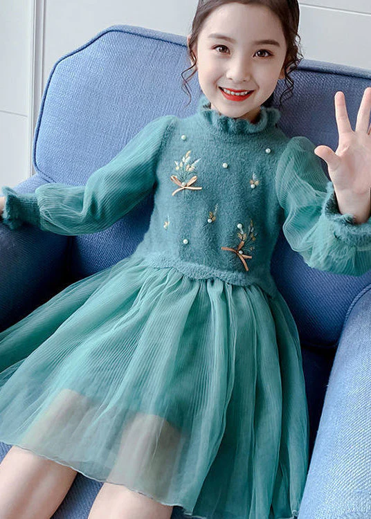 Stylish Green Embroideried Nail Bead Patchwork Tulle Kids Girls Dresses Fall - republicanstateiStylish Green Embroideried Nail Bead Patchwork Tulle Kids Girls Dresses Fall - republicanstatei