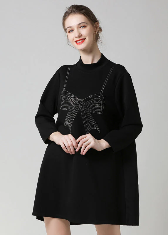 Modern Black High Neck Ruffled Patchwork Bow Cotton Robe Dresses Spring - republicanstateiModern Black High Neck Ruffled Patchwork Bow Cotton Robe Dresses Spring - republicanstatei