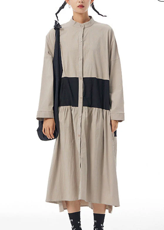 Stylish Khaki Stand Collar Patchwork Button Cotton Long Shirt Dress Long Sleeve - republicanstateiStylish Khaki Stand Collar Patchwork Button Cotton Long Shirt Dress Long Sleeve - republicanstatei