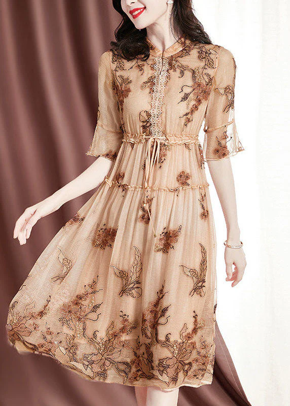 Italian Apricot Stand Collar Ruffled Tie Waist Silk Cinch Dress Short Sleeve - republicanstateiItalian Apricot Stand Collar Ruffled Tie Waist Silk Cinch Dress Short Sleeve - republicanstatei