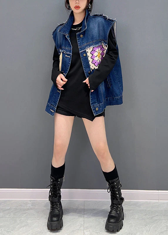 Simple Navy Peter Pan Collar Print Patchwork Button Denim Waistcoat Fall - republicanstateiSimple Navy Peter Pan Collar Print Patchwork Button Denim Waistcoat Fall - republicanstatei