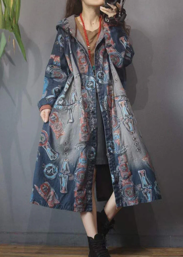 Women Blue Print Button Pockets Cotton Hoodie Denim Trench Coat Long Sleeve - republicanstateiWomen Blue Print Button Pockets Cotton Hoodie Denim Trench Coat Long Sleeve - republicanstatei