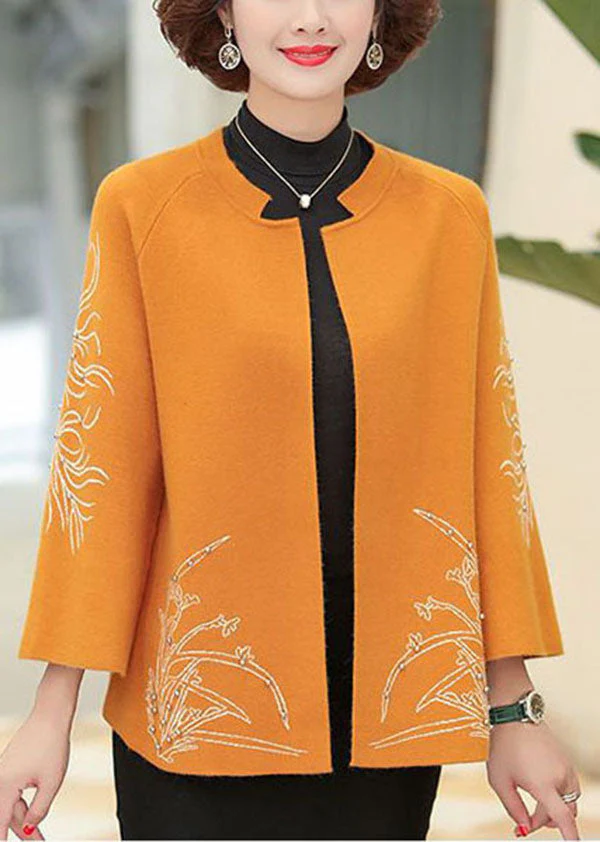 Classy Orange O-Neck Embroideried Nail Bead Woolen Cardigan Long Sleeve - republicanstateiClassy Orange O-Neck Embroideried Nail Bead Woolen Cardigan Long Sleeve - republicanstatei
