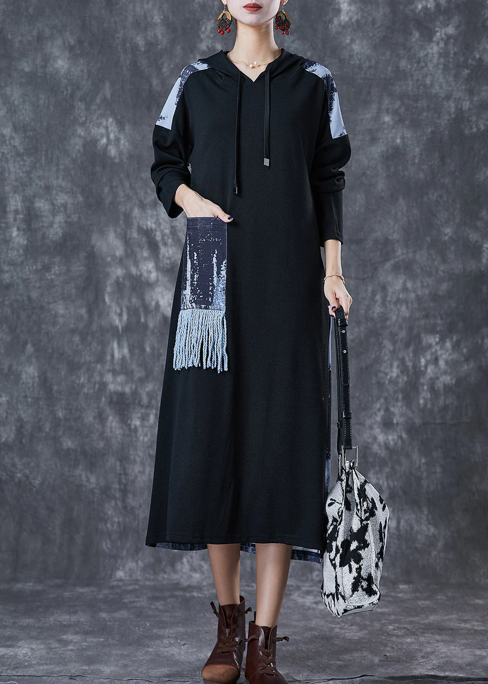 Art Black Tasseled Patchwork Tie Dye Cotton Loose Sweatshirt Dress Fall - republicanstateiArt Black Tasseled Patchwork Tie Dye Cotton Loose Sweatshirt Dress Fall - republicanstatei