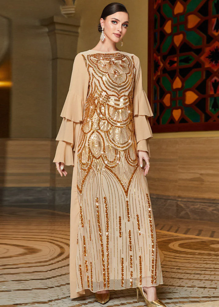 French Gold Embroideried Sequins Chiffon Maxi Dresses Butterfly Sleeve - republicanstateiFrench Gold Embroideried Sequins Chiffon Maxi Dresses Butterfly Sleeve - republicanstatei